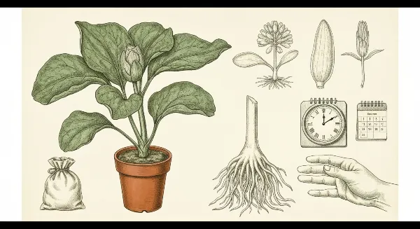 Plante d'intérieur rempotée avec des racines saines, un calendrier et un sac d'engrais, symbolisant le temps d'attente avant la fertilisation.