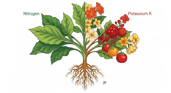 Diagramme illustrant le rôle de l'azote (feuilles), du phosphore (racines) et du potassium (fleurs) pour la croissance des plantes