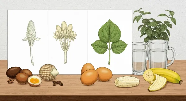 Ingrédients naturels pour engrais maison : marc de café, coquilles d'œufs, peaux de banane