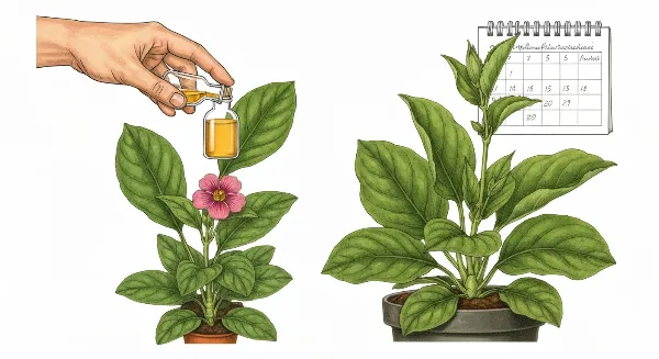 Main fertilisant une plante d'intérieur verte avec un engrais liquide, sur fond de calendrier saisonnier.
