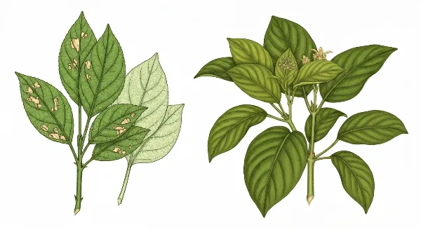 Plante d'intérieur avec feuilles pourpres, signe de carence en phosphore, comparée à une plante saine