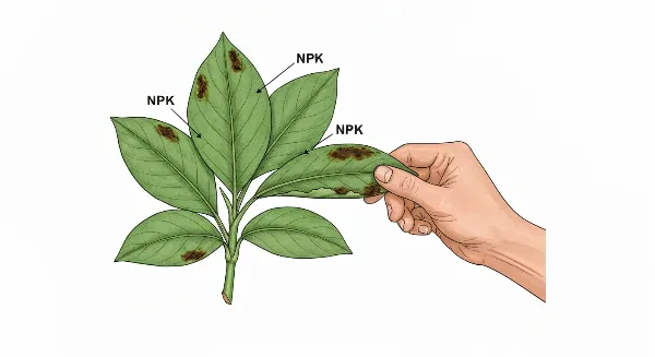 Plante d'intérieur avec feuilles jaunies et bords bruns, signes de carence en potassium