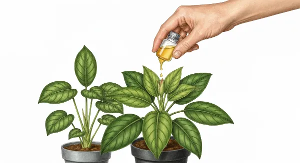 Main versant de l'engrais liquide dans un pot de plante verte luxuriante