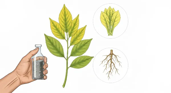 Plante avec feuilles jaunes et nervures vertes, symbole de chlorose ferrique, avec un engrais fer chélaté pour le traitement.