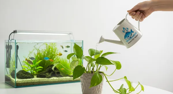 Une personne arrosant une plante d'intérieur avec de l'eau d'aquarium usagée, montrant un engrais naturel.