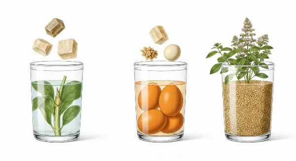 Trois verres d'eaux de cuisson (légumes, œufs, riz) symbolisant leurs apports nutritifs pour les plantes