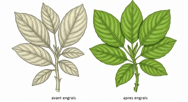 Comparaison visuelle d'une plante d'intérieur avant et après l'application d'engrais, montrant une amélioration de la santé et de la croissance.
