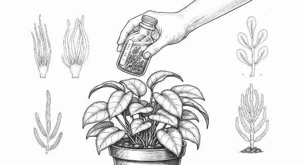 Main versant de l'engrais à base d'algues sur une plante d'intérieur verte