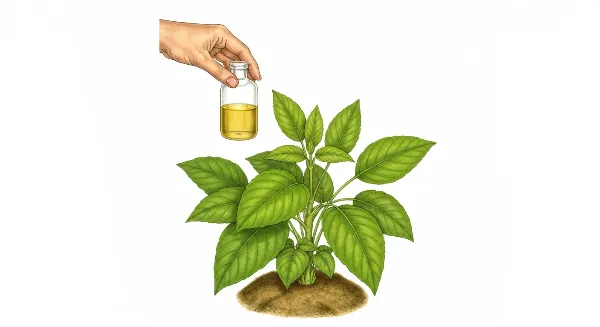 Main fertilisant une plante d'intérieur avec de l'engrais liquide pour stimuler la croissance du feuillage.