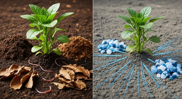 Comparaison visuelle entre engrais organique et engrais minéral