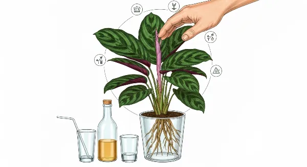 Application d'engrais liquide dilué sur un Calathea en pot pour favoriser sa croissance