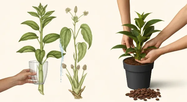 Arrosage de plantes d'intérieur avec engrais liquide maison et incorporation de marc de café au terreau