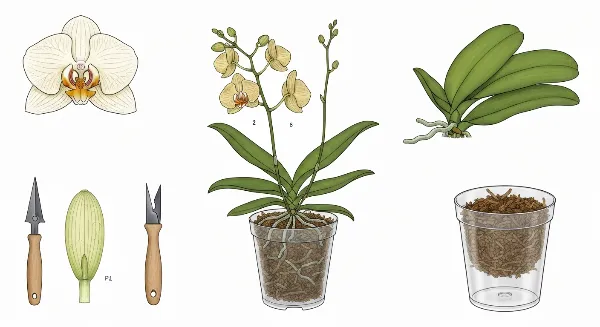 Rempotage d'une orchidée avec un nouveau substrat frais et des racines saines