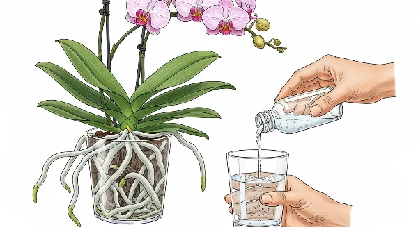 Orchidée Phalaenopsis en pleine floraison avec un engrais liquide spécial orchidées