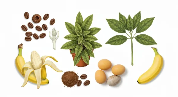 Ingrédients d'engrais naturels faits maison : marc de café, peaux de banane, coquilles d'œufs près d'une plante.