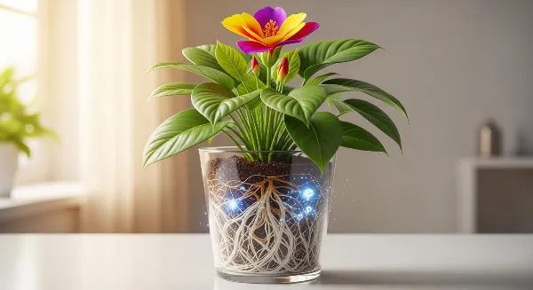 Plante d'intérieur saine avec racines visibles et floraison abondante, symbolisant l'effet de l'engrais phosphore.