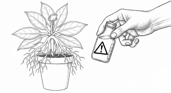 Dosage précis d'engrais liquide pour une plante d'intérieur, illustrant la prudence pour éviter la surfertilisation.