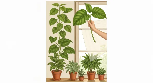 Main ajustant un voilage pour protéger des plantes d'intérieur de la lumière directe du soleil estival