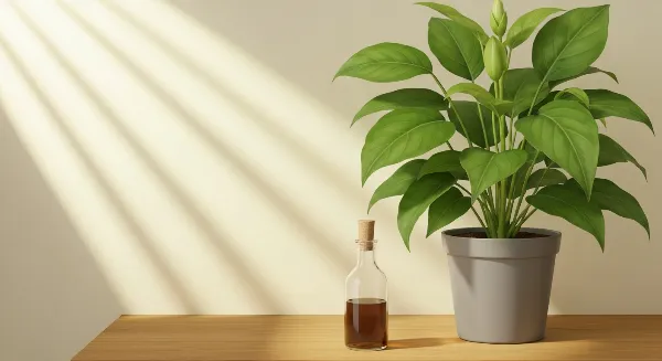 Plante d'intérieur verte et saine recevant de l'engrais dilué en été, avec lumière filtrée