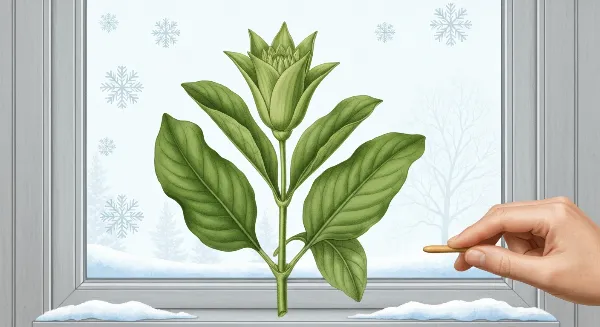 Plante d'intérieur verte et saine en hiver, avec un arrosoir et un radiateur en arrière-plan