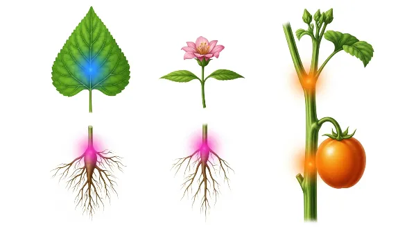 Diagramme NPK montrant l'azote pour les feuilles, le phosphore pour les racines et le potassium pour la résistance des plantes.
