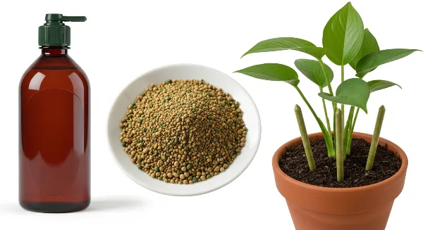 Diverses formes d'engrais pour plantes d'intérieur : liquide, granulés et bâtonnets
