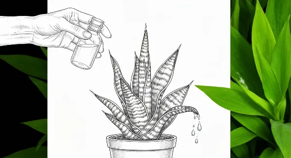 Main versant de l'engrais liquide dilué sur une Sansevieria en pot