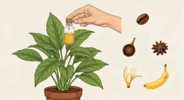 Engrais liquide et ingrédients naturels (marc de café, peau de banane) pour la fertilisation des plantes d'intérieur.