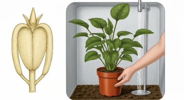 Rinçage du sol d'une plante d'intérieur pour diluer l'excès d'engrais