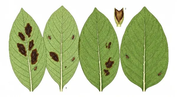 Gros plan sur des feuilles de plante d'intérieur avec des taches et des cochenilles farineuses, signes de maladie