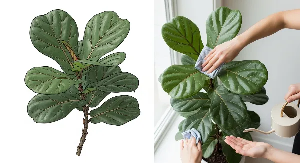 Personne nettoyant les feuilles d'une plante malade avec une solution naturelle, geste de soin