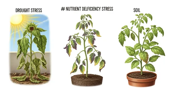 Illustrations de différentes causes de stress végétal : sécheresse, carence en nutriments et infestation de parasites affectant une plante.