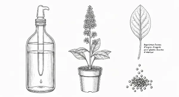 Diverses formes d'engrais pour plantes d'intérieur : liquide, bâtonnets et granulés.