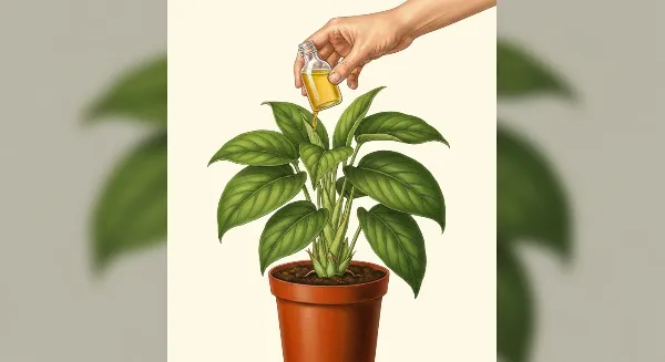 Main fertilisant une plante d'intérieur avec de l'engrais liquide pour une croissance saine.
