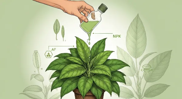 Main versant de l'engrais liquide sur une plante d'intérieur verte en pot