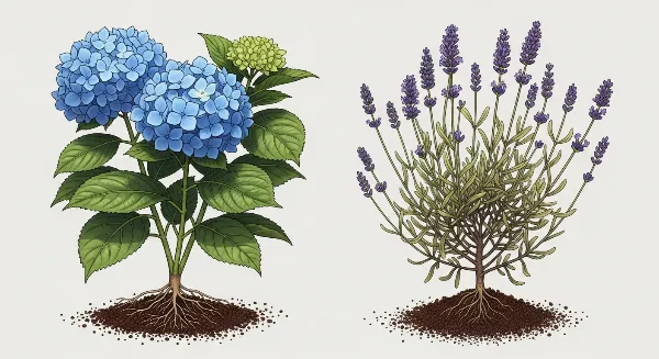 Comparaison visuelle entre une plante acidophile saine et une plante calcicole jaunie par une mauvaise utilisation du marc de café.