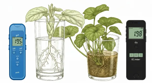 Un pH-mètre et un EC-mètre mesurant une solution nutritive pour des plantes d'intérieur.