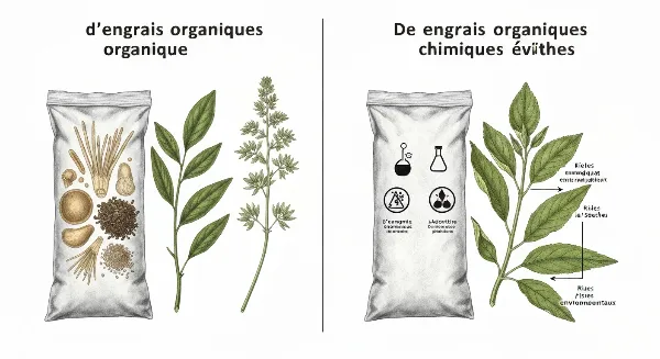 Comparaison visuelle entre engrais NPK organique (naturel, sol sain) et engrais NPK chimique (synthétique, risques environnementaux).