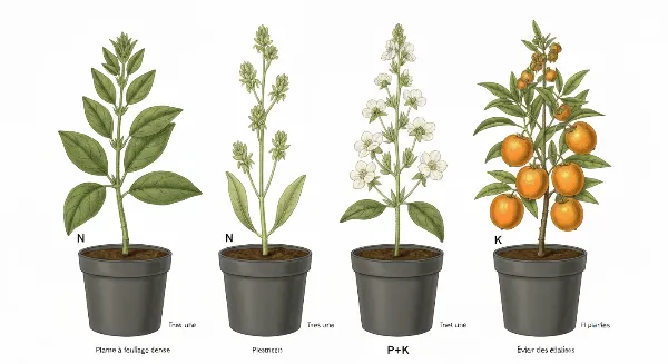 Trois plantes différentes (feuillage, floraison, fructification) avec des étiquettes NPK adaptées à leurs besoins spécifiques.