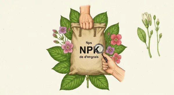 Main tenant un sac d'engrais NPK avec des chiffres, symbolisant la compréhension des nutriments pour plantes.