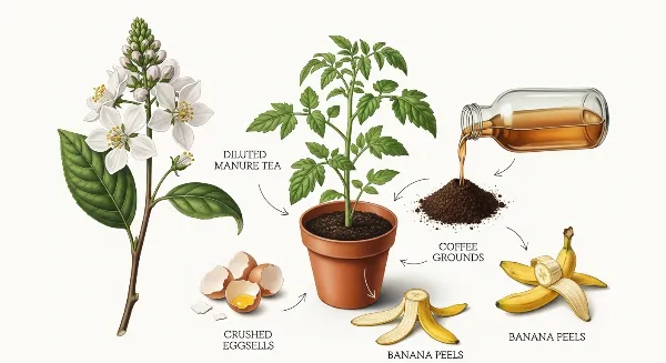 Divers engrais naturels pour plantes : purin, marc de café, coquilles d'œufs, peaux de banane, appliqués à une plante en pot.