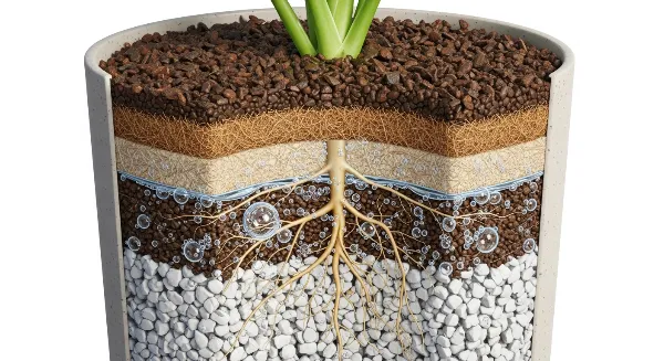 Substrat équilibré montrant une bonne aération (bulles d'air) et rétention d'eau (gouttelettes) autour des racines