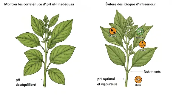 Comparaison d'une plante d'intérieur saine et d'une plante souffrant de carences dues à un pH de substrat déséquilibré
