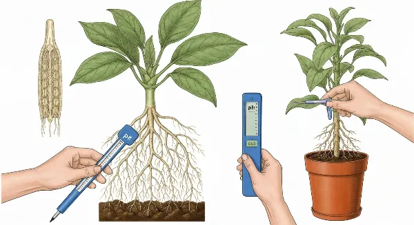 Mesure du pH du substrat d'une plante d'intérieur avec un pH-mètre, montrant l'équilibre des nutriments