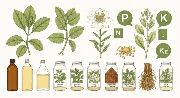 Différents types d'engrais (liquide, bâtonnets, granulés) et leur composition NPK pour plantes d'intérieur.