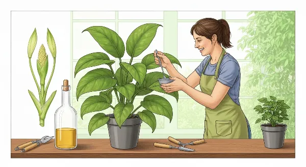 Femme fertilisant une plante d'intérieur verte avec un engrais liquide pour stimuler sa croissance.
