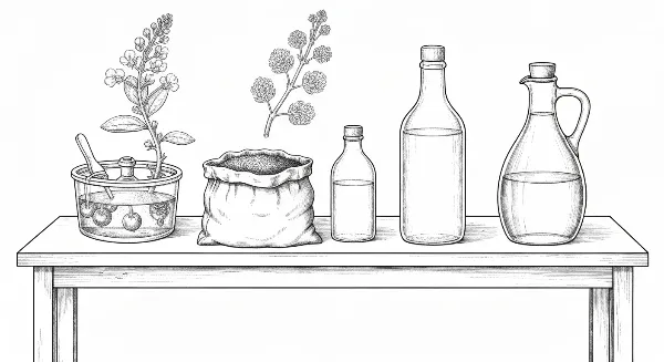 Matériel et ingrédients pour fabriquer du thé de compost maison : seau, bulleur, compost, mélasse, eau.