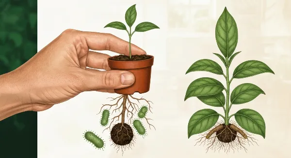Main arrosant une plante d'intérieur avec du thé de compost, symbolisant la vitalité et la croissance naturelle.